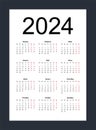 Calendar 2024. Simple vertical template in Russian language. Week starts from Monday
