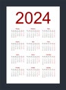 Calendar 2024. Simple vertical template in Russian language. Week starts from Monday