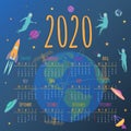 Calendar about space. People in Arbit of the Earth 2020. Colorful vector calendar Royalty Free Stock Photo