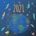 Calendar about space. People in Arbit of the Earth 2021. Colorful vector calendar