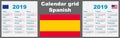 Calendar spanish, hispanic 2019 Set grid wall ISO 8601 Illustration template with week numbering. illustration
