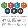 Travel trip icon. Airplane, world globe symbols. Royalty Free Stock Photo