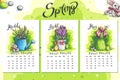 2022 Calendar Spring. Flowers, flowerpot, easter eggs, candle, tulips