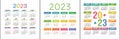 Calendar 2023. Square vector calender design template. English color set. Week starts on Sunday. January, February