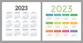 Calendar 2023. Square vector calender design template. English colorful set. Week starts on Sunday. New year. January