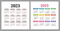 Calendar 2023. Square vector calender design template. English colorful set. Week starts on Sunday. New year. January