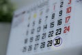 Calendar surrounding the 30th day of the month. Special day Royalty Free Stock Photo