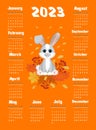 Calendar 2023 with symbol of the year hare (rabbit). Week starts on Monday.