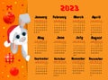 Calendar 2023 with symbol of the year hare or rabbit. Cute little hare or rabbit sitting in christmas hat. Week starts on Sunday