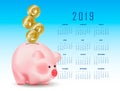 Calendar with Symbolic shiny metal golden coins with numbers 2019 falling into money pig bank. Conceptual realistic vector illustr Royalty Free Stock Photo