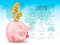 Calendar with Symbolic shiny metal golden coins with numbers 2019 falling into money piggy bank. Conceptual realistic vector illus Royalty Free Stock Photo