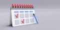 Calendar, task check list. Table organizer and pencil, checkmarks, 3d