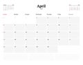 Calendar template for April 2020. Business monthly planner. Stationery design. Week starts on Sunday