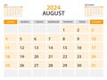 Calendar 2024 template- August 2024 year, monthly planner, Desk Calendar 2024 template, Wall calendar design, Week Start On Sunday