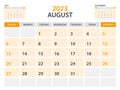 Calendar 2023 template-August 2023 year, monthly planner, Desk Calendar 2023 template, Wall calendar design, Week Start On Sunday