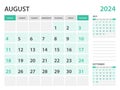 Calendar 2024 template- August 2024 year, monthly planner, Desk Calendar 2024 template, Wall calendar design, Week Start On Sunday