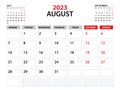 Calendar 2023 template, August 2023 year, planner template, monthly and yearly planners, week start monday, wall calendar design,