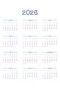 2026 calendar template in classic strict style with type written font. Monthly
