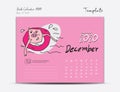 Calendar 2020 template with Cute Pig vector illustration, December, Chinese desk calendar 2020, Lettering calendar, hand drawn pig