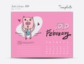 Calendar 2020 template with Cute Pig vector illustration, February, Chinese desk calendar 2020, Lettering calendar, hand drawn pig