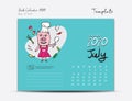 Calendar 2020 template with Cute Pig vector illustration, July, Chinese desk calendar 2020, Lettering calendar, hand drawn pigs