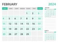 Calendar 2024 template- February 2024 year, monthly planner, Desk Calendar 2024 template, Wall calendar design, Week Start On