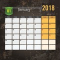 Calendar template for 2018 January with Abstract grunge background. Royalty Free Stock Photo