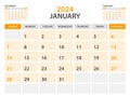 Calendar 2024 template- January 2024 year, monthly planner, Desk Calendar 2024 template, Wall calendar design, Week Start On