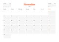 Calendar template for November 2020. Business monthly planner. Stationery design. Week starts on Monday