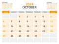 Calendar 2024 template- October 2024 year, monthly planner, Desk Calendar 2024 template, Wall calendar design, Week Start On