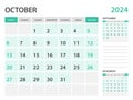 Calendar 2024 template- October 2024 year, monthly planner, Desk Calendar 2024 template, Wall calendar design, Week Start On