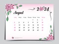 Calendar 2024 template on pink flowers background, August 2024 template, Monthly calendar planner artwork, Desk calendar 2024