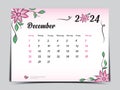 Calendar 2024 template on pink flowers background, December 2024 template, Monthly calendar planner artwork, Desk calendar 2024