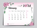 Calendar 2024 template on pink flowers background, February 2024 template, Monthly calendar planner artwork, Desk calendar 2024 Royalty Free Stock Photo