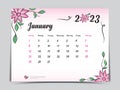 Calendar 2023 template on pink flowers background, January 2023 template, Monthly calendar planner artwork, Desk calendar 2023