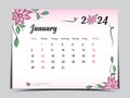 Calendar 2024 template on pink flowers background, January 2024 template, Monthly calendar planner artwork, Desk calendar 2024