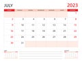 Calendar 2023 template vector on red background, July 2023 template, Planner, week start on Sunday, Desk calendar 2023 design,