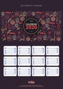 Calendar template for 2020 year with African motive. Doodle elements. Royalty Free Stock Photo
