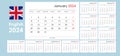 Calendar template 2024. Yearly planner organizer, starts monday, english