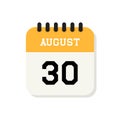 Calendar 30th of August flat icon on white background