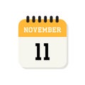 Calendar 11th of November flat icon on white background