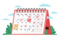 Calendar time management concept. Vector conceptual illustration of a big desk calendar showing monthly schedule with notes and