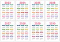 Calendar 2023, 2024 to 2030. Colorful vector pocket calender design. Week starts on Sunday. January, February, March