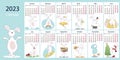 Calendar for 2023, twelve white rabbits for each month. Vector illustration with cartoon characters in different