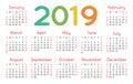 Calendar 2019 vector basic grid. Simple design template Royalty Free Stock Photo