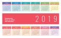 Calendar 2019 vector basic grid. Simple design template. English Royalty Free Stock Photo