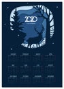 Calendar 2020 vector basic grid. Winter paper cut craft design. Vector illustration Royalty Free Stock Photo