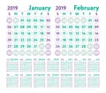 Calendar 2019. Vector English calender. January, February, March