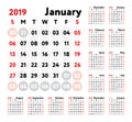 Calendar 2019. Vector English calender. January, February, March Royalty Free Stock Photo