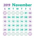 Calendar 2019. Vector English calender. November month. Week sta Royalty Free Stock Photo